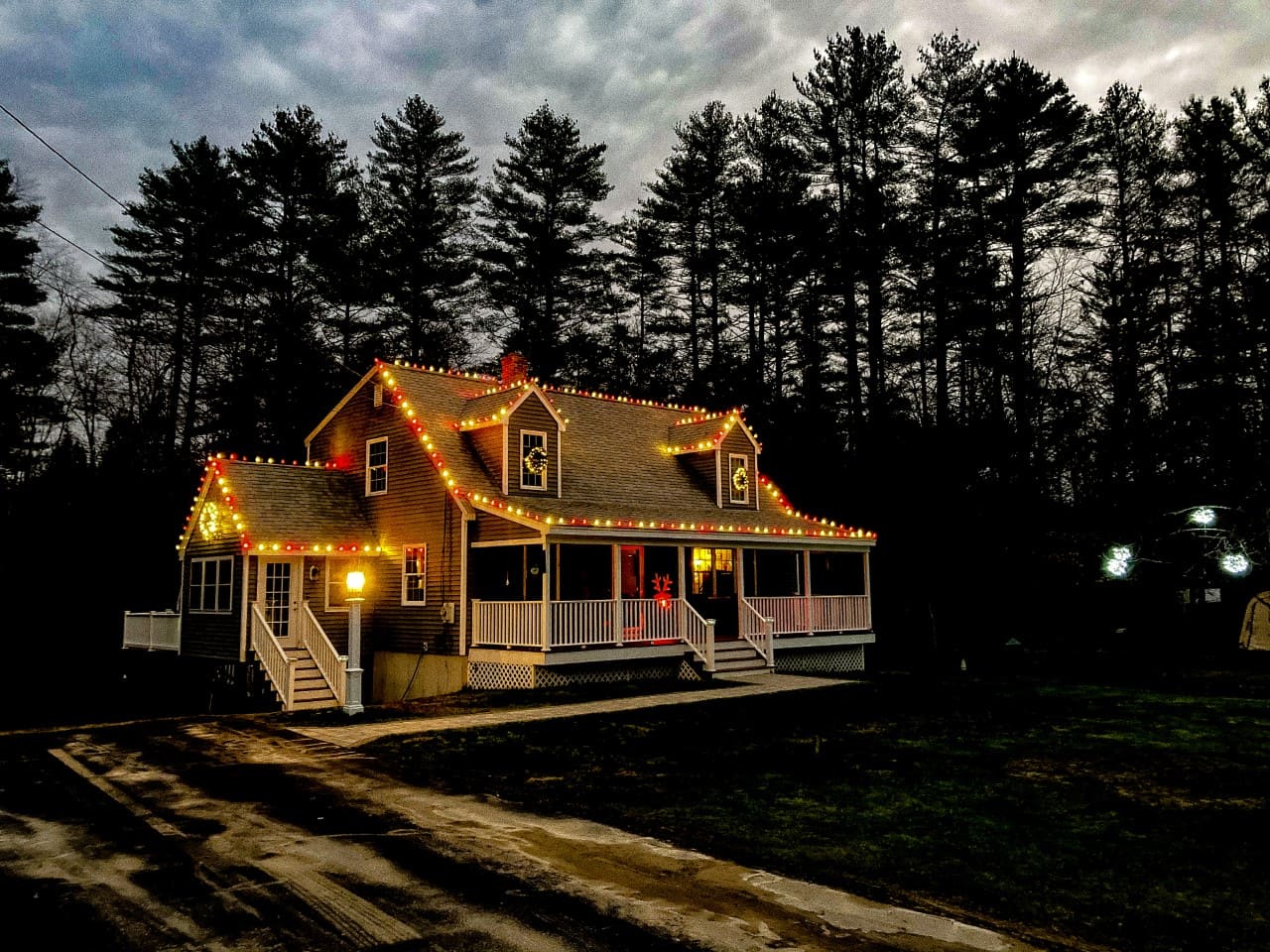 Christmas lights on a house in Durham New Hampshire