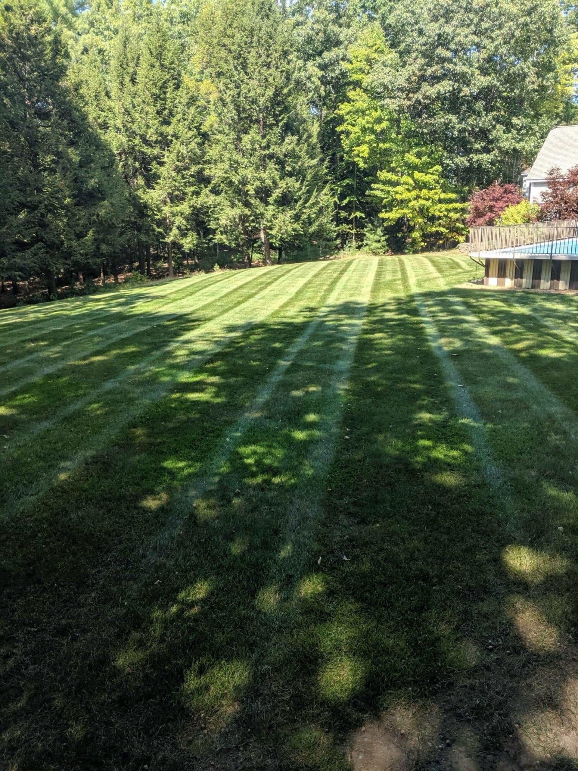 Back yard of home with pool and striped mowed lawn